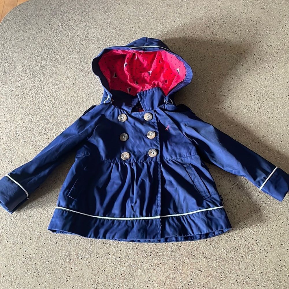 Adorable Nautica navy blue infant sailor jacket/pea coat with removable hood
